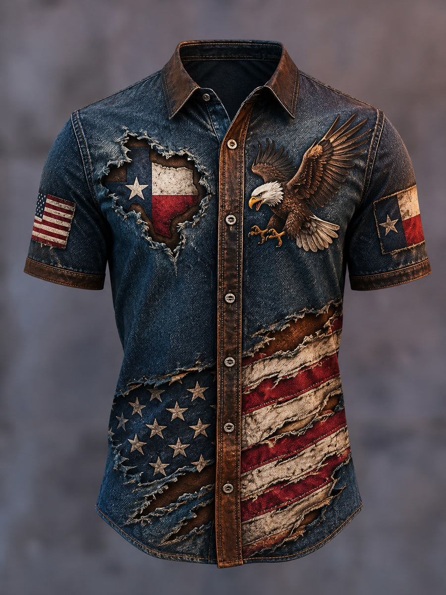 Retro American Eagle Texas Art Printed Round Neck Short Sleeves Shirt