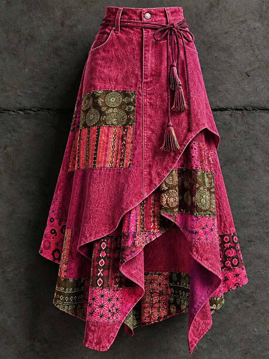 Women's Retro Style Art Print Irregularly Layered Stitched Skirt