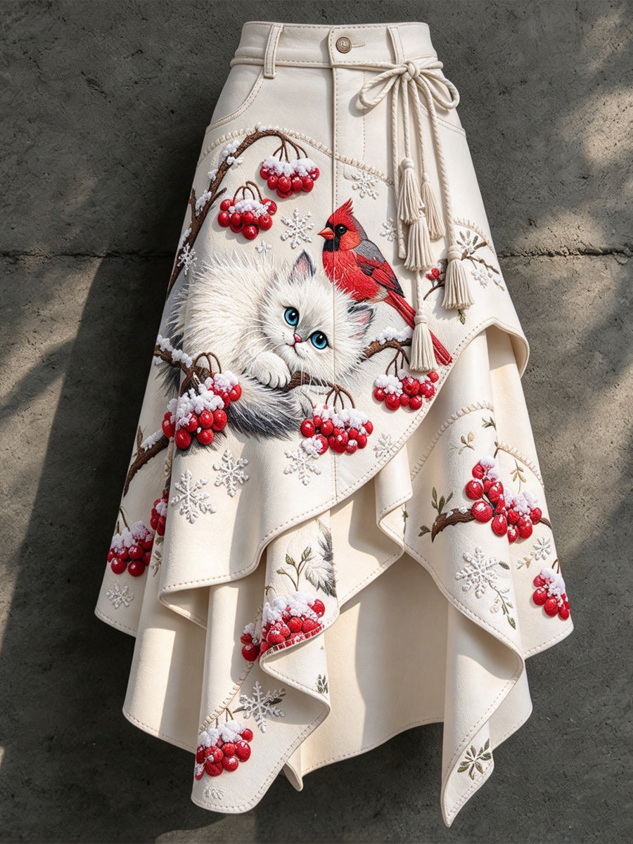 Women's Retro Style Art Print Irregularly Layered Stitched Skirt