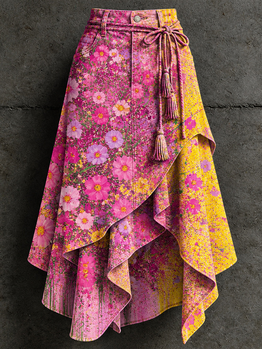 Women's Retro Style Art Print Irregularly Layered Stitched Skirt