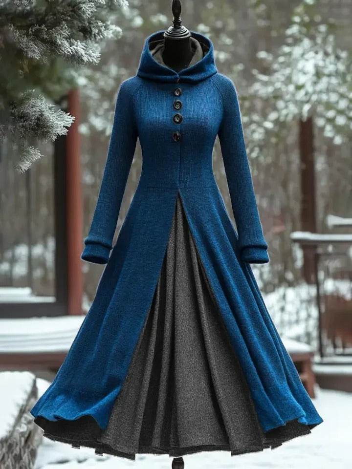 Vintage Art Print Long Sleeve Maxi Dress Hooded Dress
