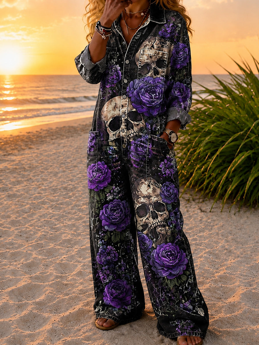 Women's Retro Style Art Print Washed V-Neck Cotton Denim Patchwork Jumpsuit