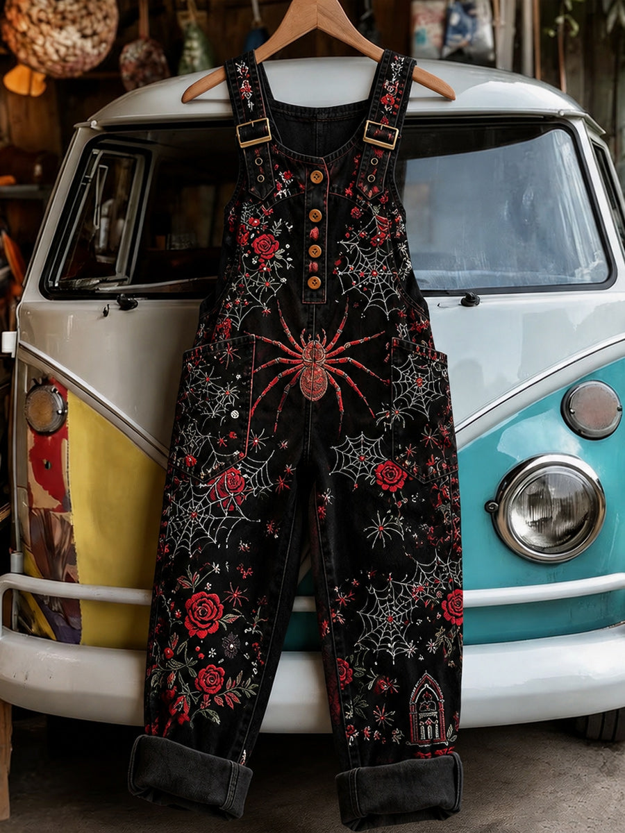 Women's Retro Style Art Print Washed Cotton Denim Patchwork Jumpsuit