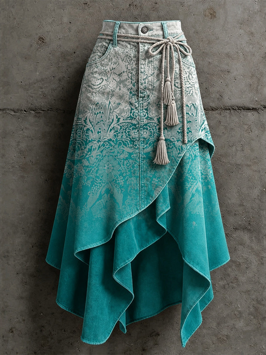 Women's Retro Style Art Print Irregularly Layered Stitched Skirt