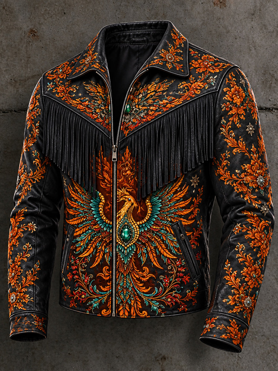 Men's Retro Style Art Print Western Vintage Tassel Casual Zipper Jacket