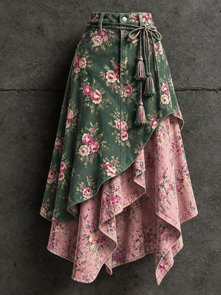 Women's Retro Style Art Print Irregularly Layered Stitched Skirt