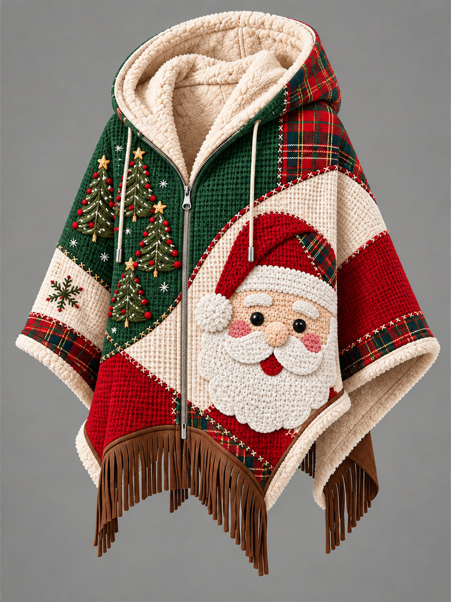 Women's Fall Winter Vintage Art Fleece-Lined Hooded Fringe Poncho