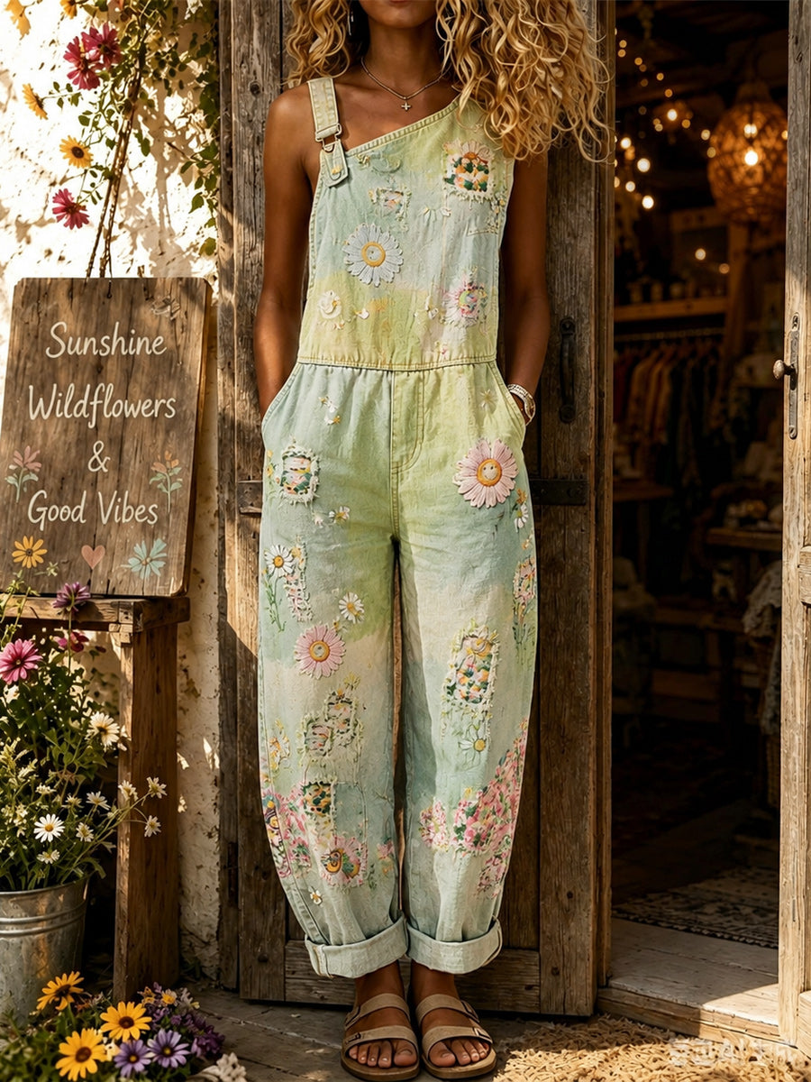 Women's Retro Style Art Print Washed Cotton Denim Patchwork Sleeveless Jumpsuit
