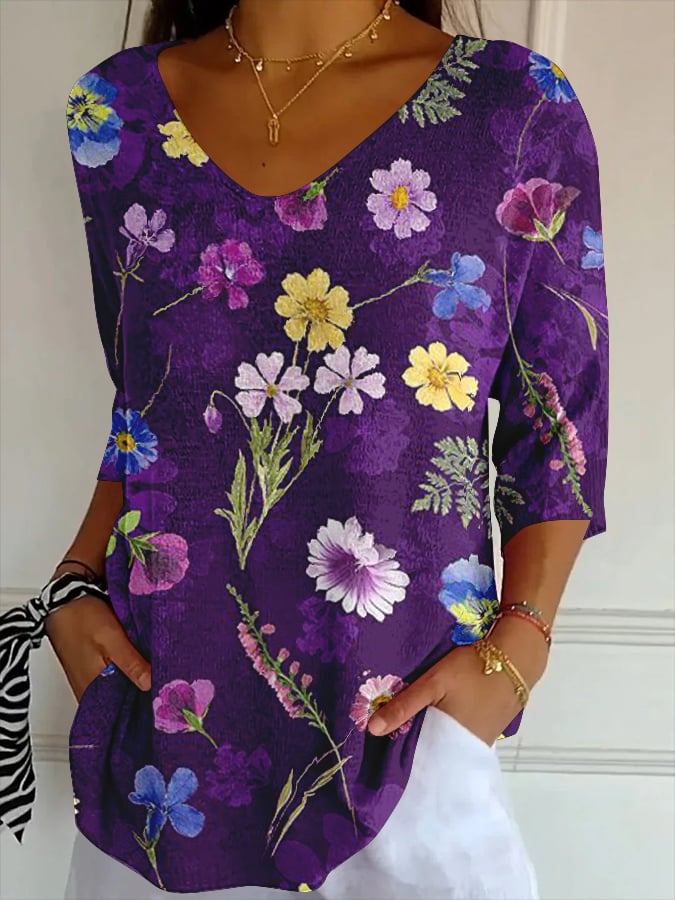 Women's Casual Retro Purple Art Floral Striped Top