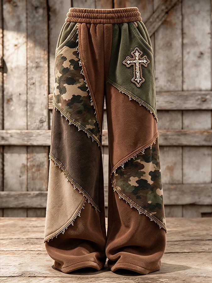 Women's Retro Camouflage Cross Pattern Patchwork Print Casual Flannel Sweatpants