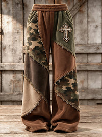 Women's Retro Camouflage Cross Pattern Patchwork Print Casual Flannel Sweatpants