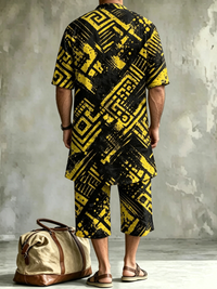 Men's Fashionable Abstract Geometric Stripe Print Casual Henley Collar Short-sleeve Linen Top Shorts Two-piece Set