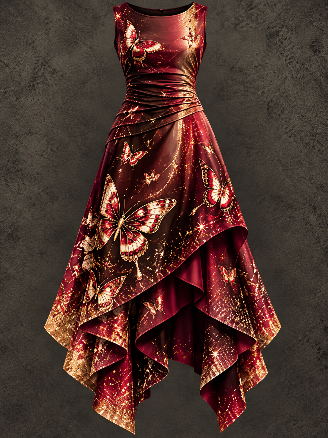 Retro Art Printed Vintage Sleeveless Irregularly Layered Stitched Midi Dress