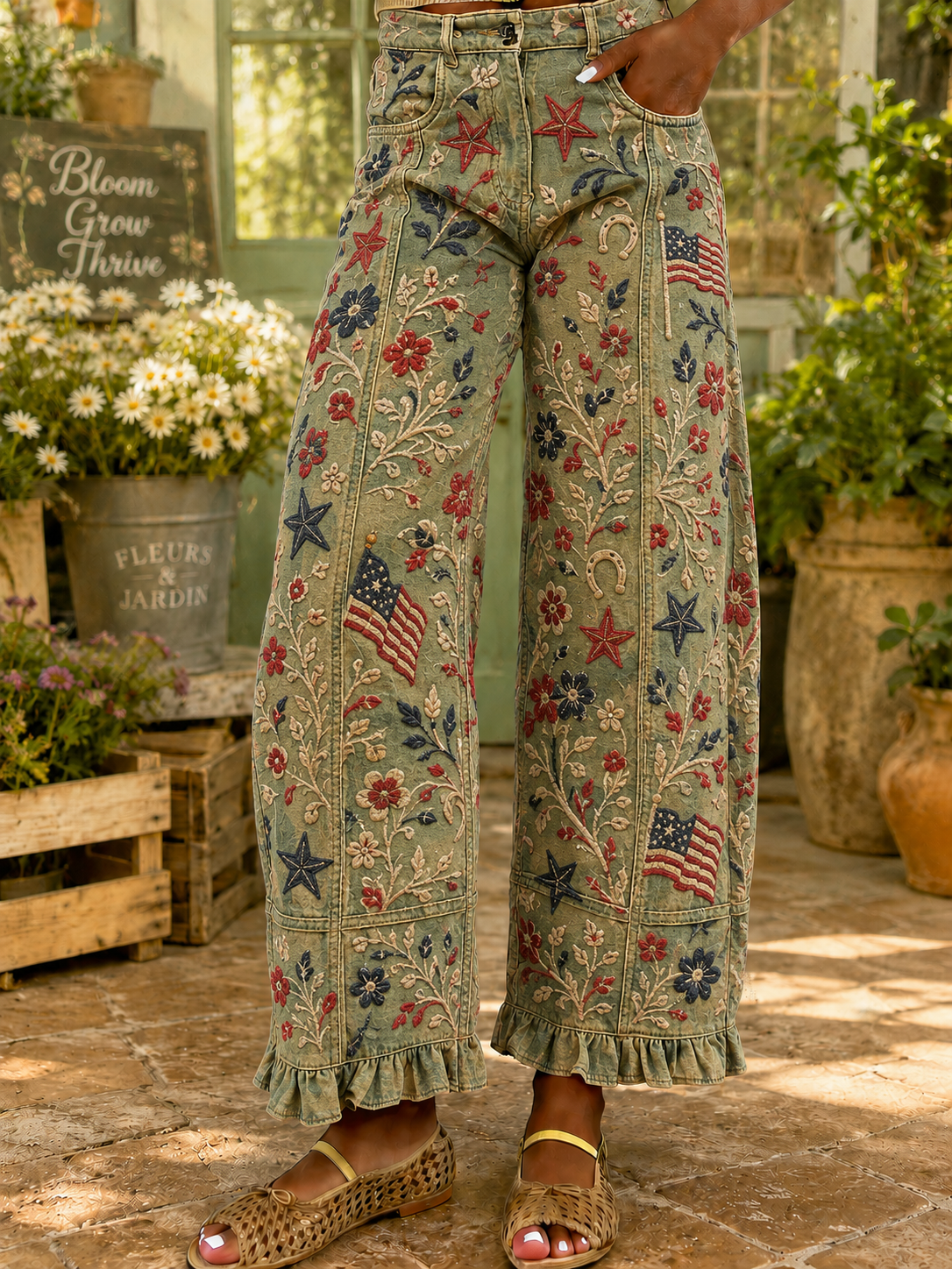 Women's Retro Art Print Wide Leg Pants