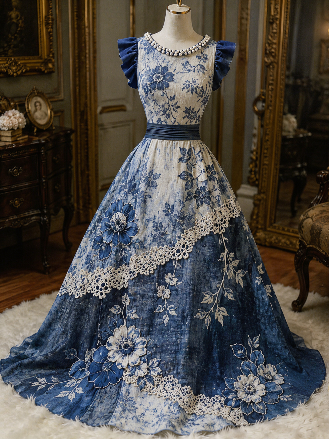 Retro Floral Art Printed Elegant V-Neck Ruffled Sleeves Maxi Dress