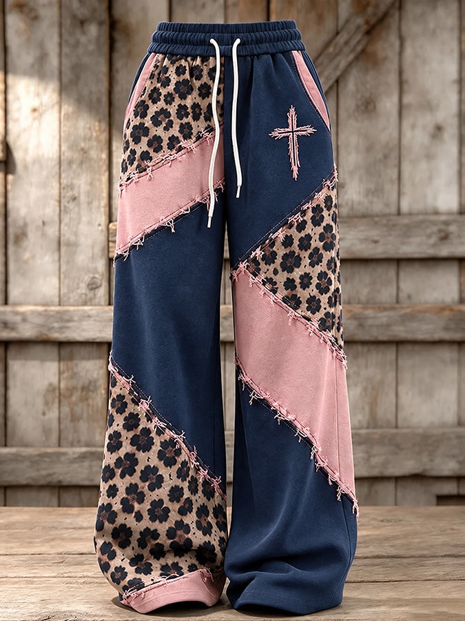 Women'S Retro Leopard Print Cross Print Pants With Patchwork Design