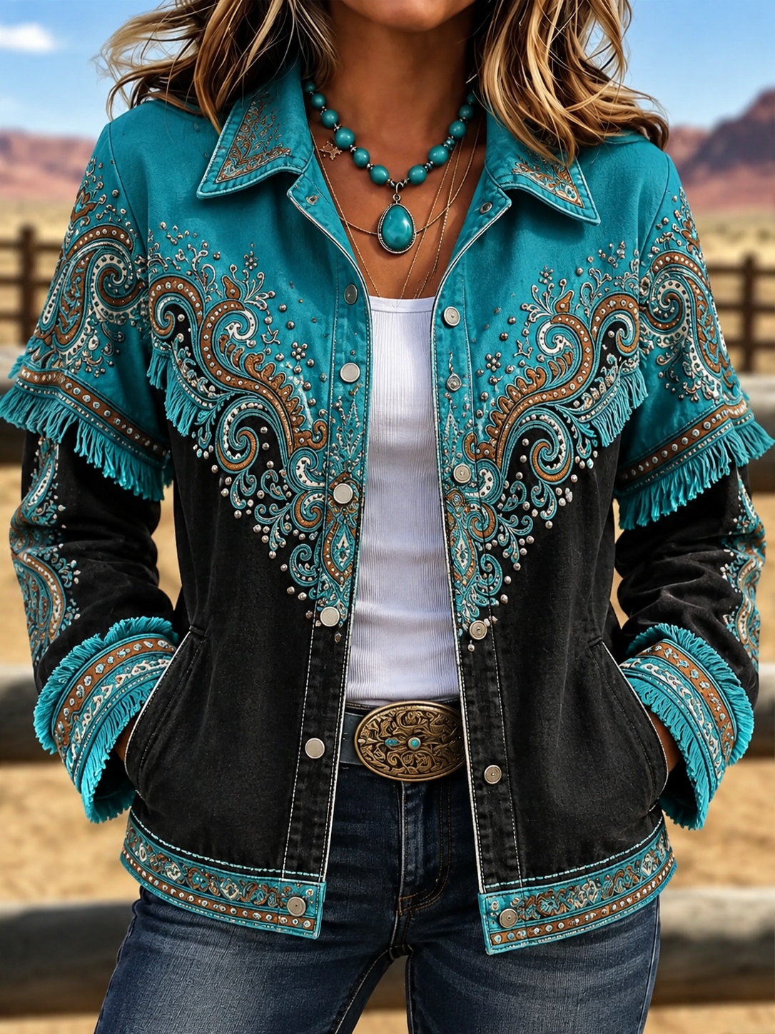 Western Style Floral Art Print Long Sleeve Vintage Jacket