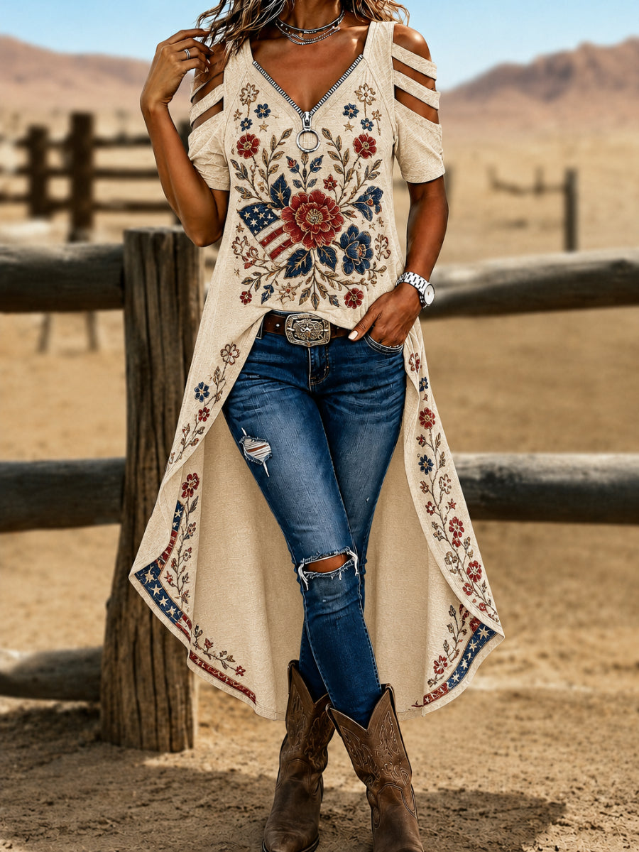 American Style Short Sleeve Off Shoulder Irregular Shirt