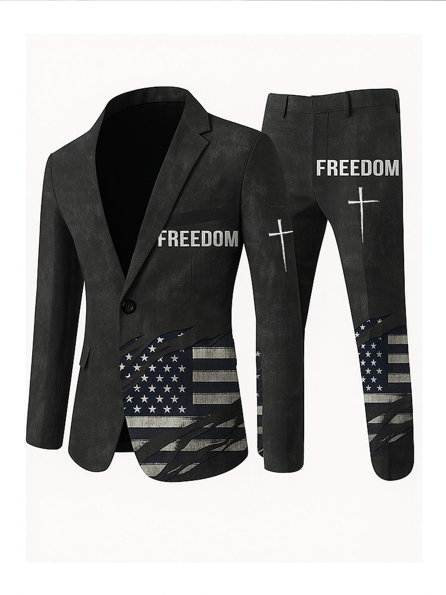 Men's Freedom American Flag Print Casual Jacket Trousers Two-Piece Suits