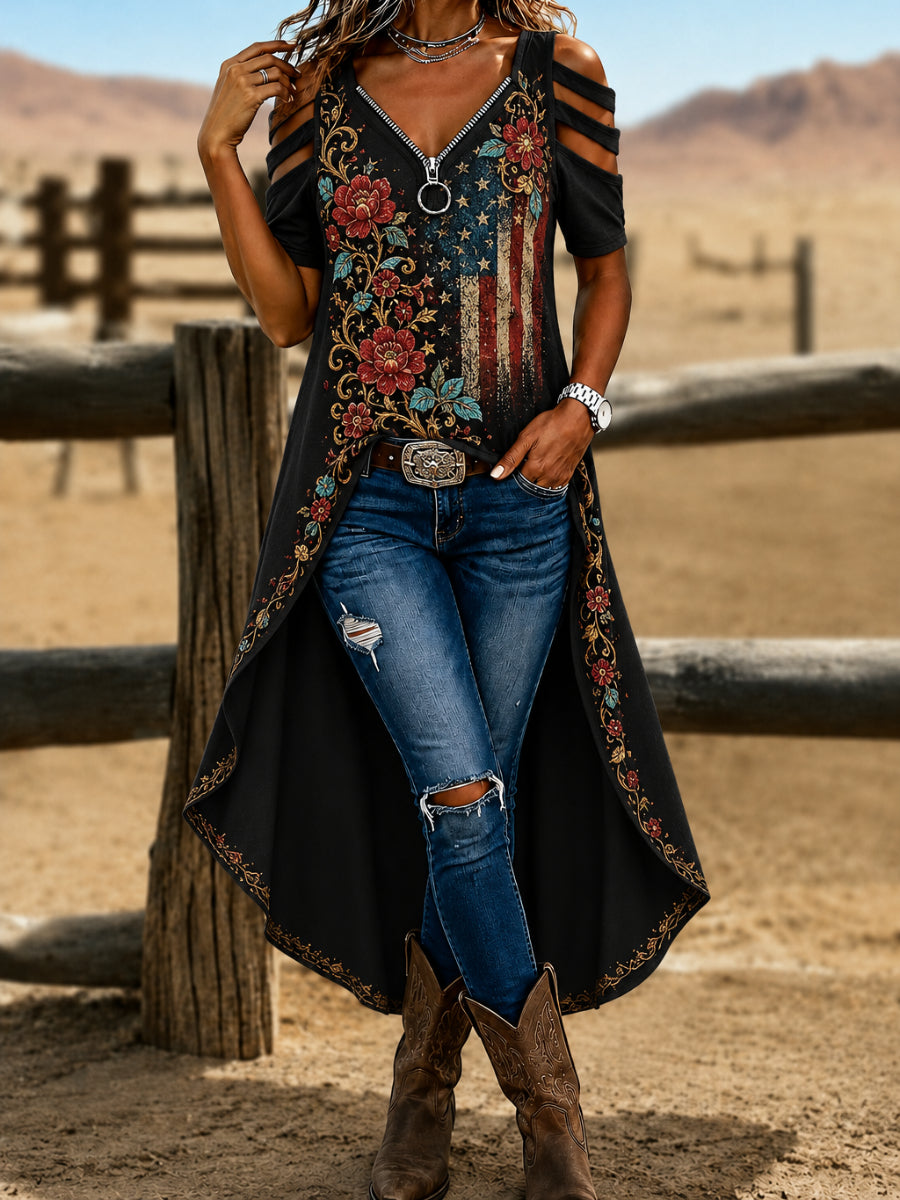 American Style Short Sleeve Off Shoulder Irregular Shirt