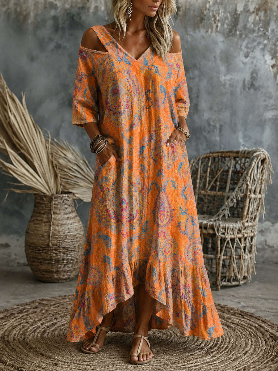 Retro Floral Art Print V-Neck Midi Dress