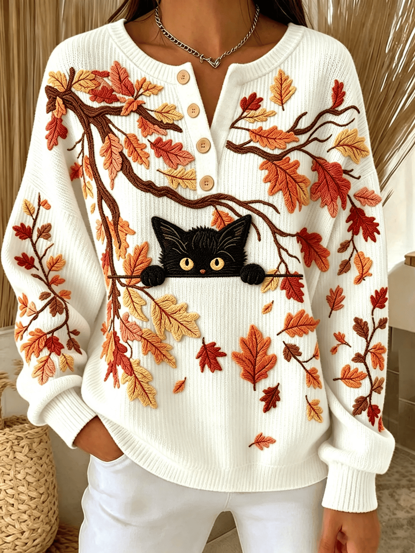 Women's Autumn Knit Top With Button Collar And Maple Leaf & Cat Print