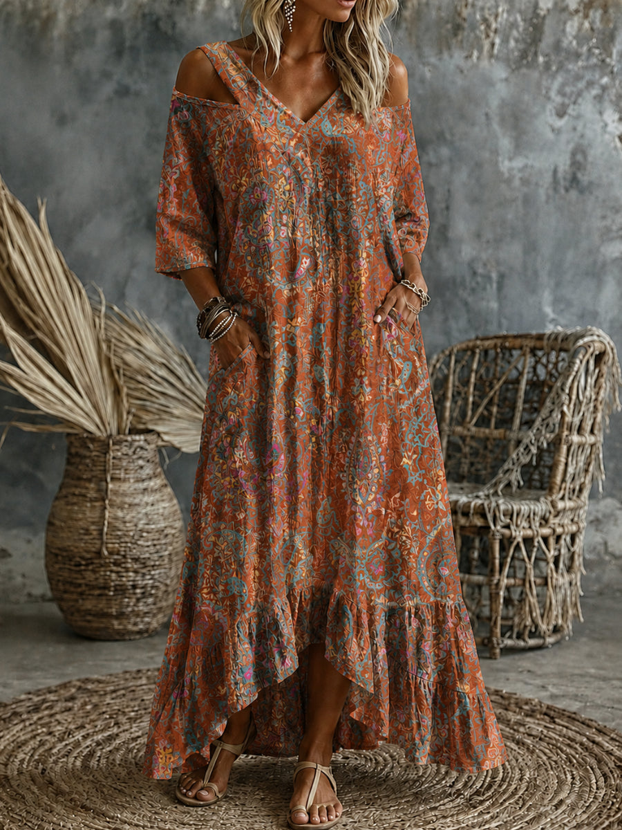 Retro Floral Art Print V-Neck Midi Dress