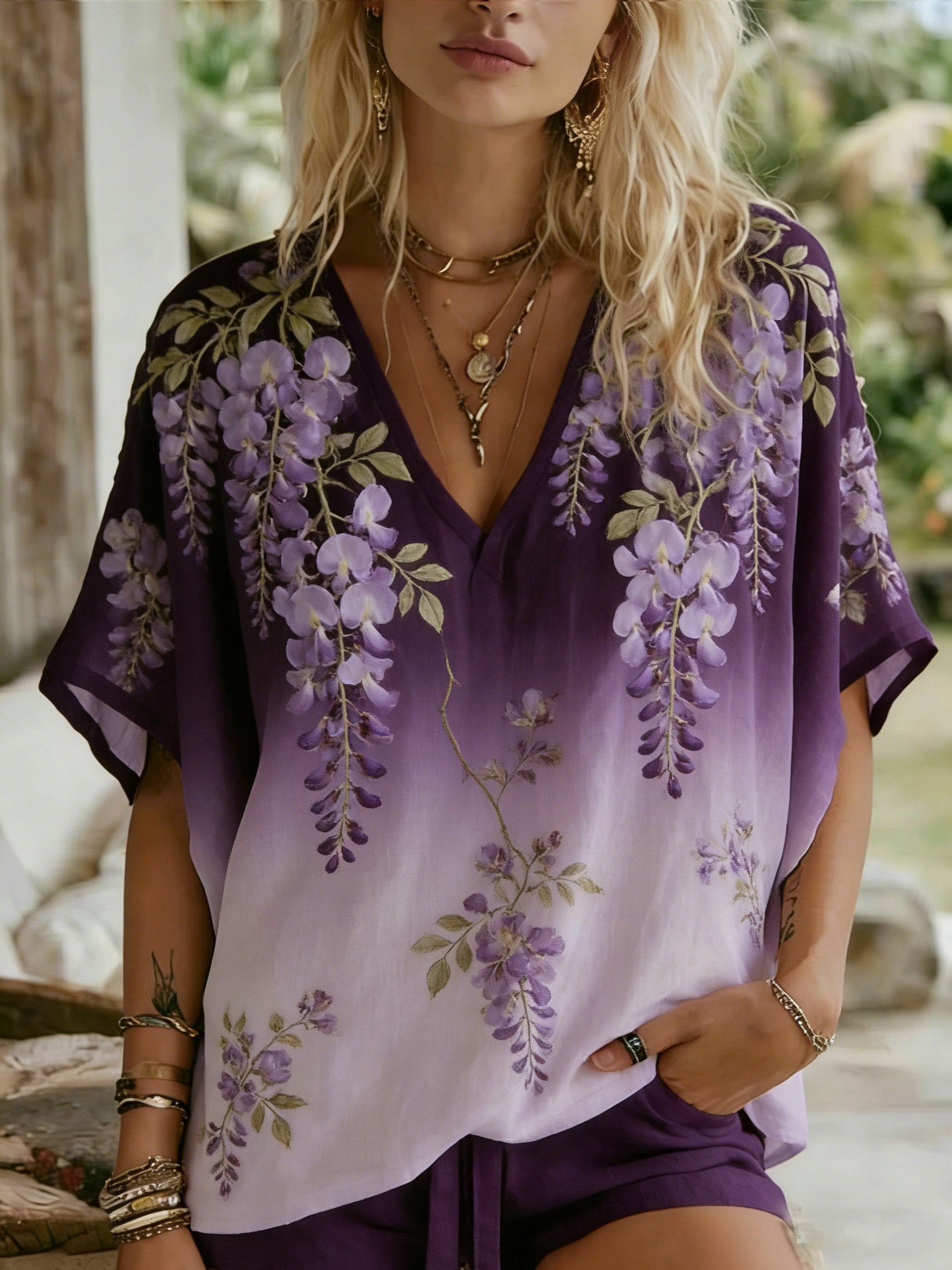 Women's Retro Pastoral Purple Floral Print Casual Top