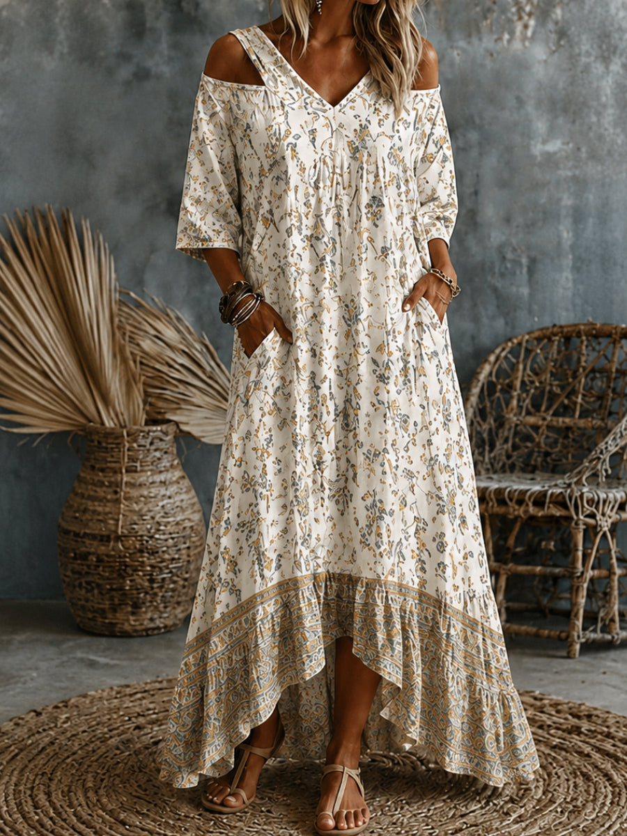 Retro Floral Art Print V-Neck Midi Dress