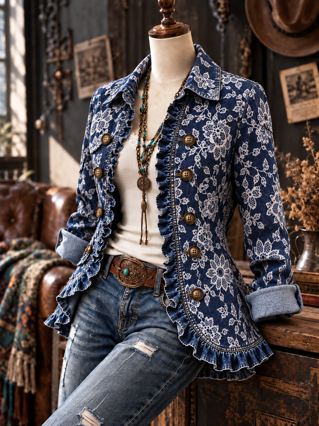 Women's Vintage Floral Art Print Casual Ruffled Shirt Jacket
