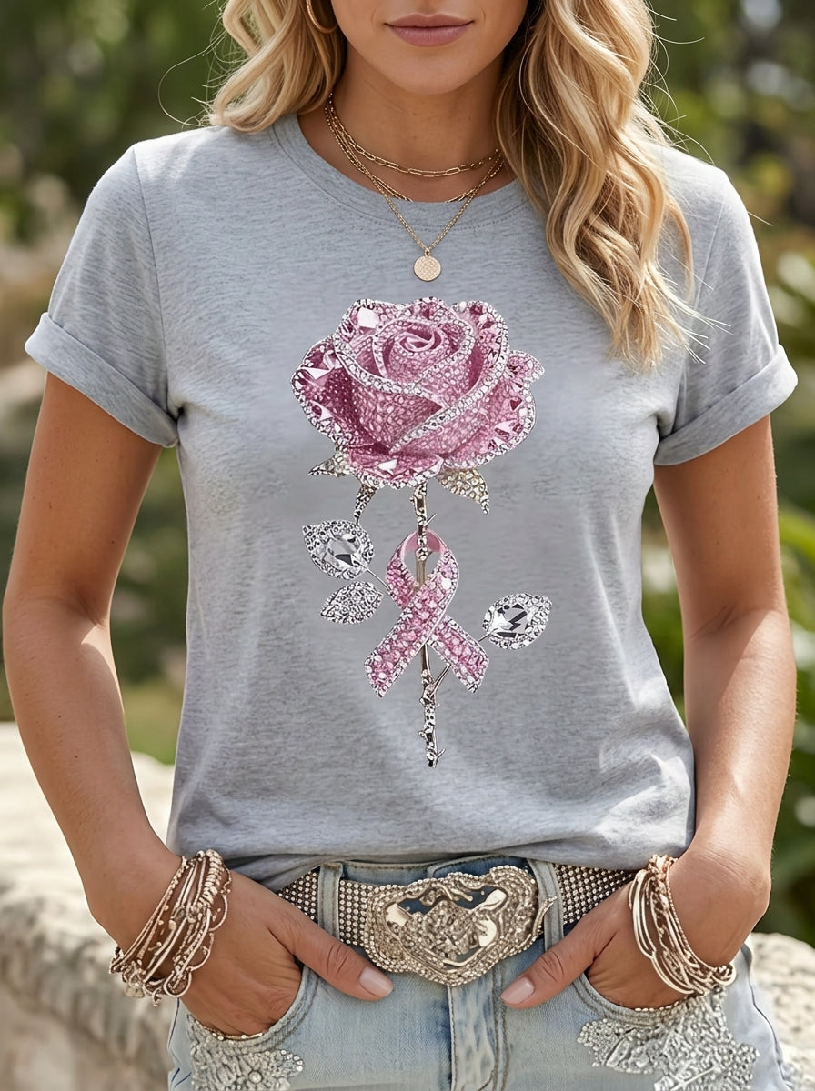 Women's Pink Rhinestone Rose And Awareness Ribbon Print T-Shirt