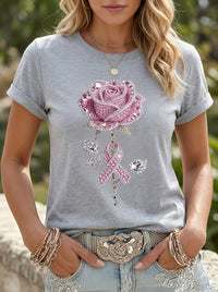 Women's Pink Rhinestone Rose And Awareness Ribbon Print T-Shirt