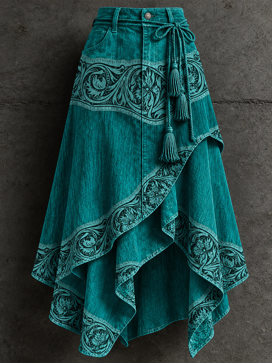 Women's Retro Style Art Print Irregularly Layered Stitched Skirt