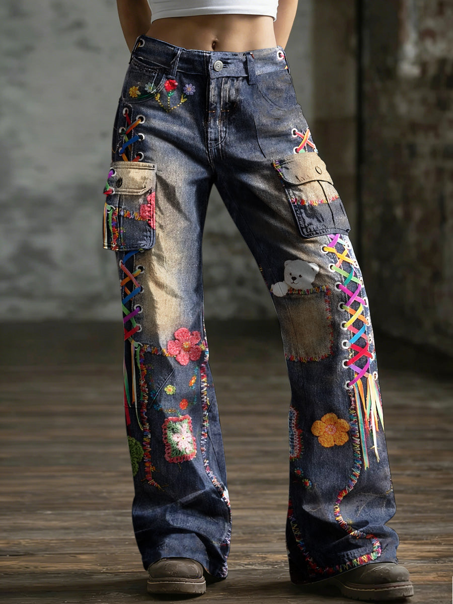Women's Retro Art Print Casual Workwear Style Wide Leg Pants