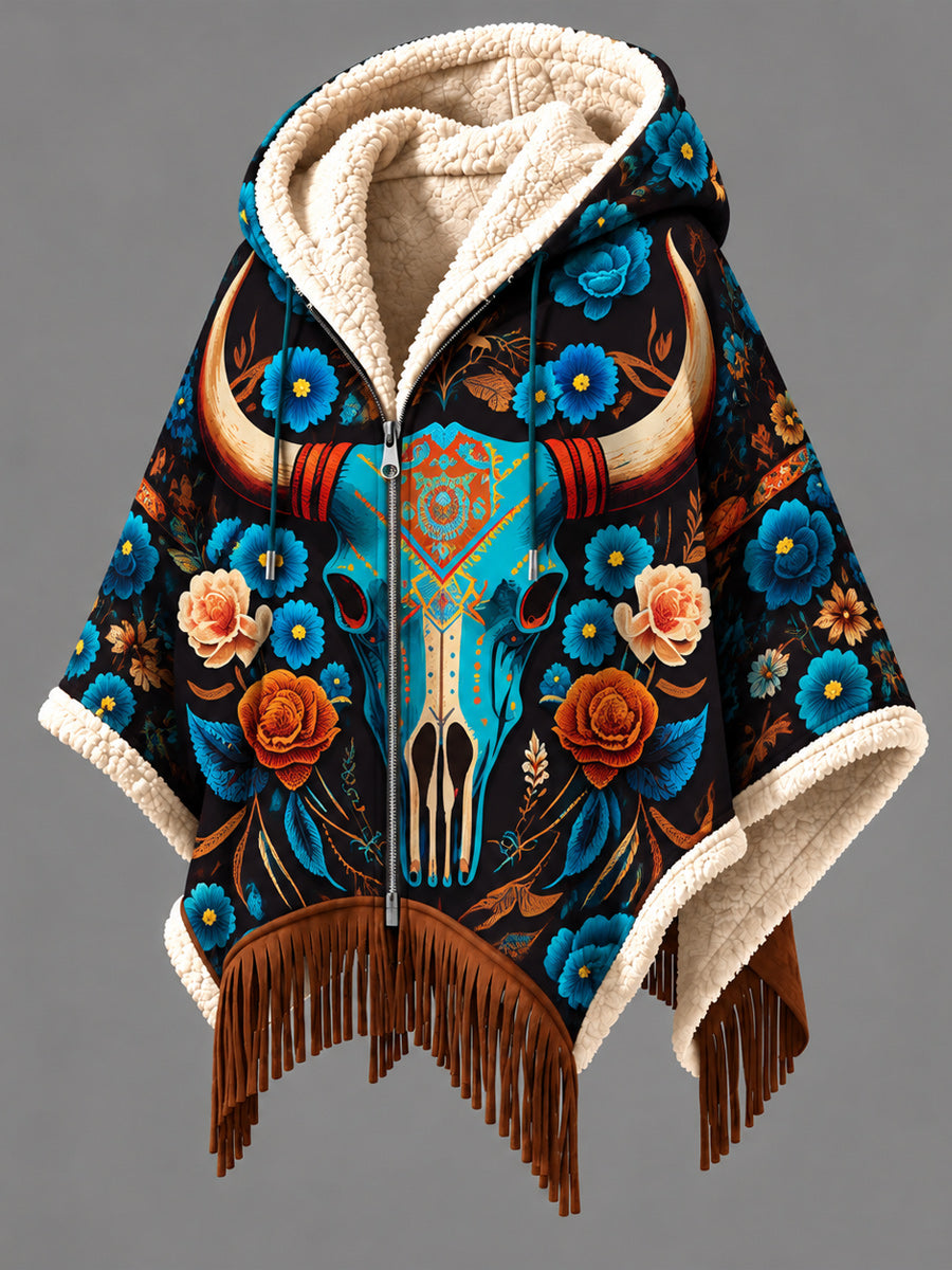 Women's Fall Winter Vintage Art Fleece-Lined Hooded Fringe Poncho