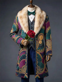 Men's Christmas Art Print Fur Shawl Collar Double Breasted Long Overcoat