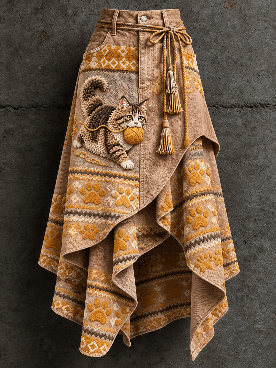 Women's Retro Style Art Print Irregularly Layered Stitched Skirt