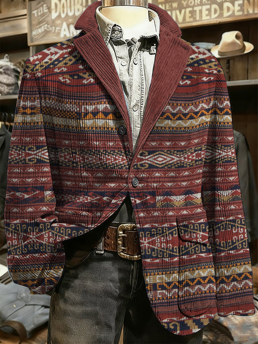 Men's Retro Western Style Art Print Casual Pocket Blazers