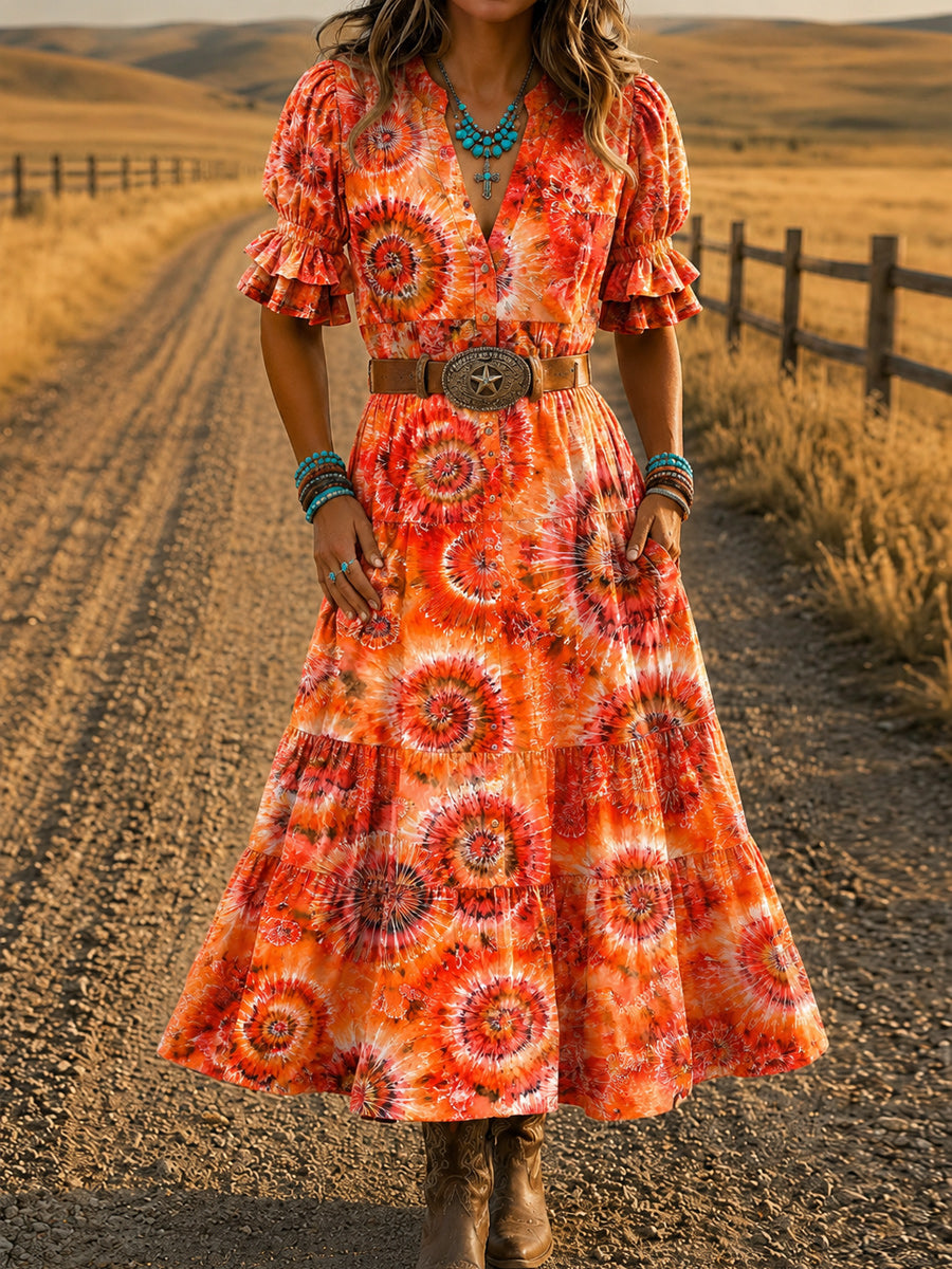 Women's Retro Art Print Washed Cotton Layered Patchwork Midi Dress