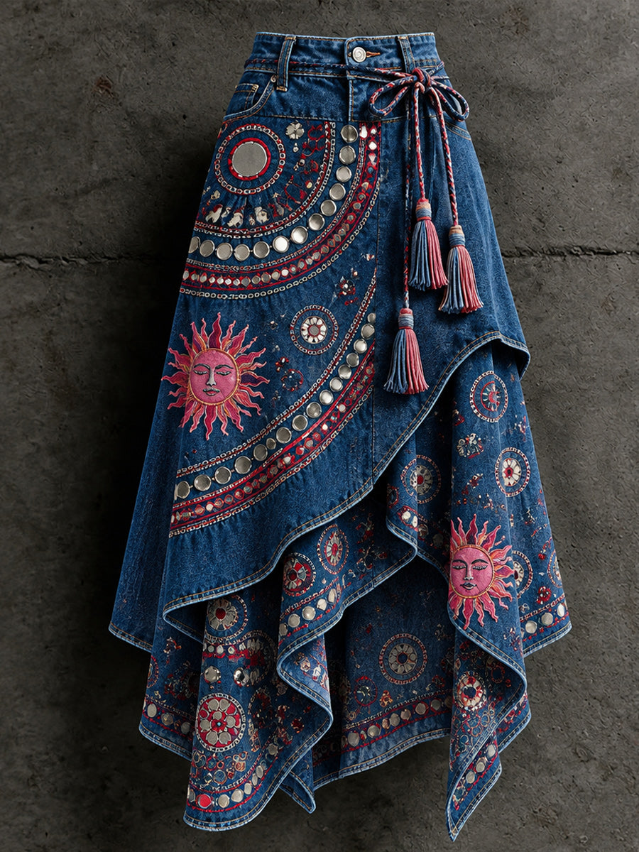 Women's Retro Style Art Print Irregularly Layered Stitched Skirt