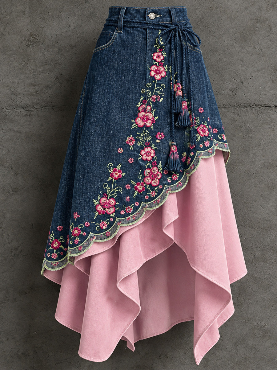 Women's Retro Style Art Print Irregularly Layered Stitched Skirt