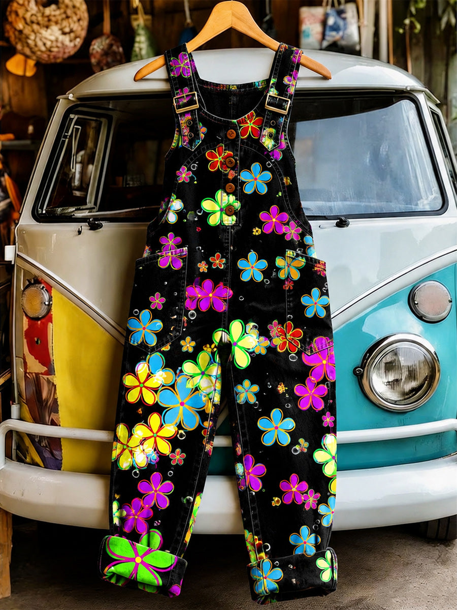 Women's Retro Style Art Print Washed Cotton Denim Patchwork Jumpsuit