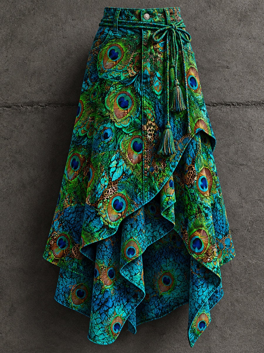 Women's Retro Style Art Print Irregularly Layered Stitched Skirt