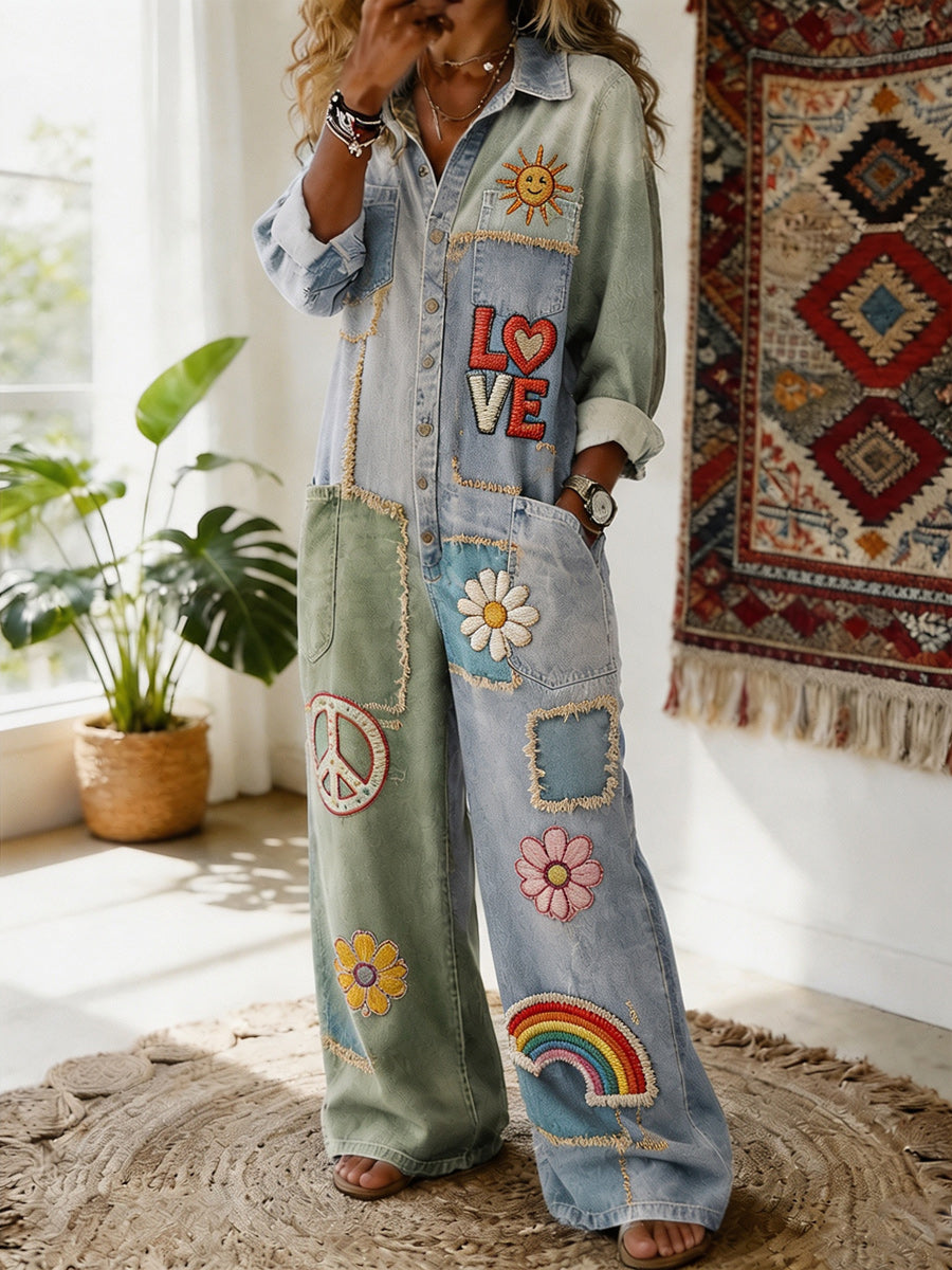 Women's Retro Style Art Print Washed V-Neck Cotton Denim Patchwork Jumpsuit