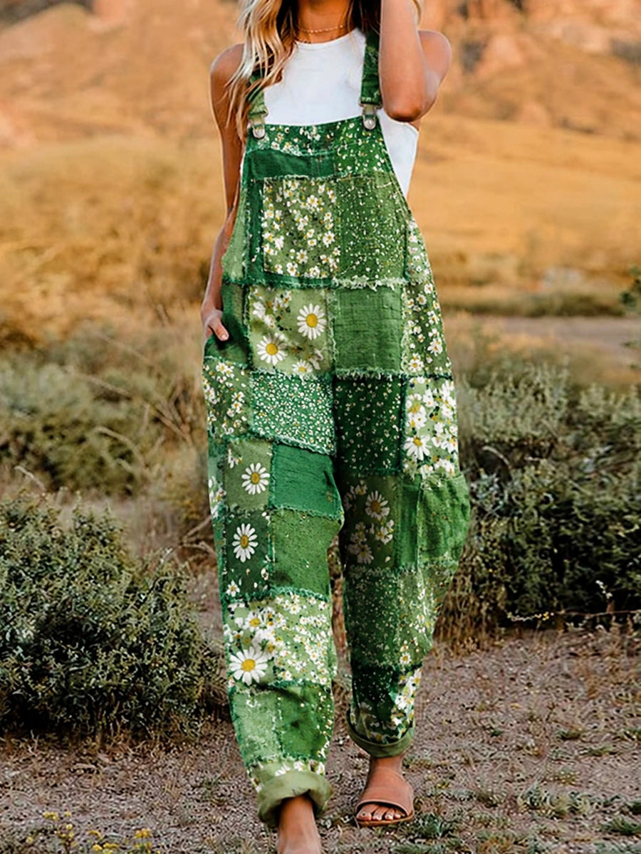 Women's Retro Style Art Print Washed Cotton Denim Patchwork Jumpsuit