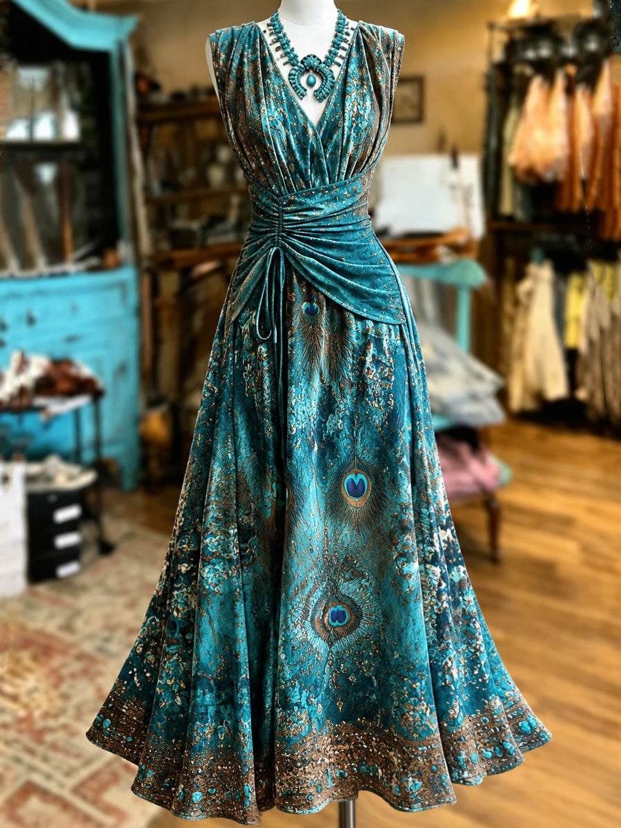 Retro Style Art Printed Elegant V-Neck Vintage Short-Sleeved Maxi Dress