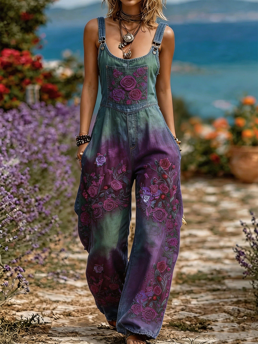 Women's Retro Style Art Print Washed Cotton Denim Patchwork Jumpsuit