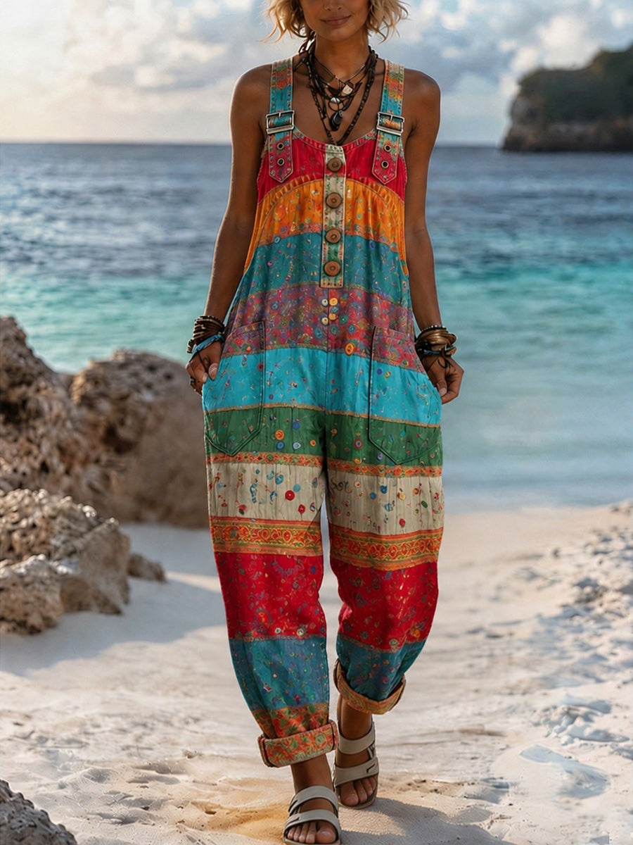 Women's Retro Style Art Print Washed Cotton Denim Patchwork Jumpsuit
