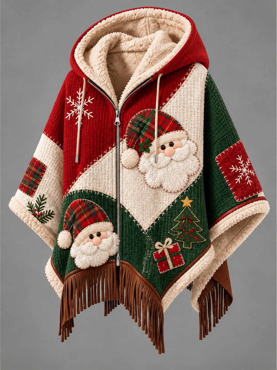 Women's Fall Winter Vintage Art Fleece-Lined Hooded Fringe Poncho
