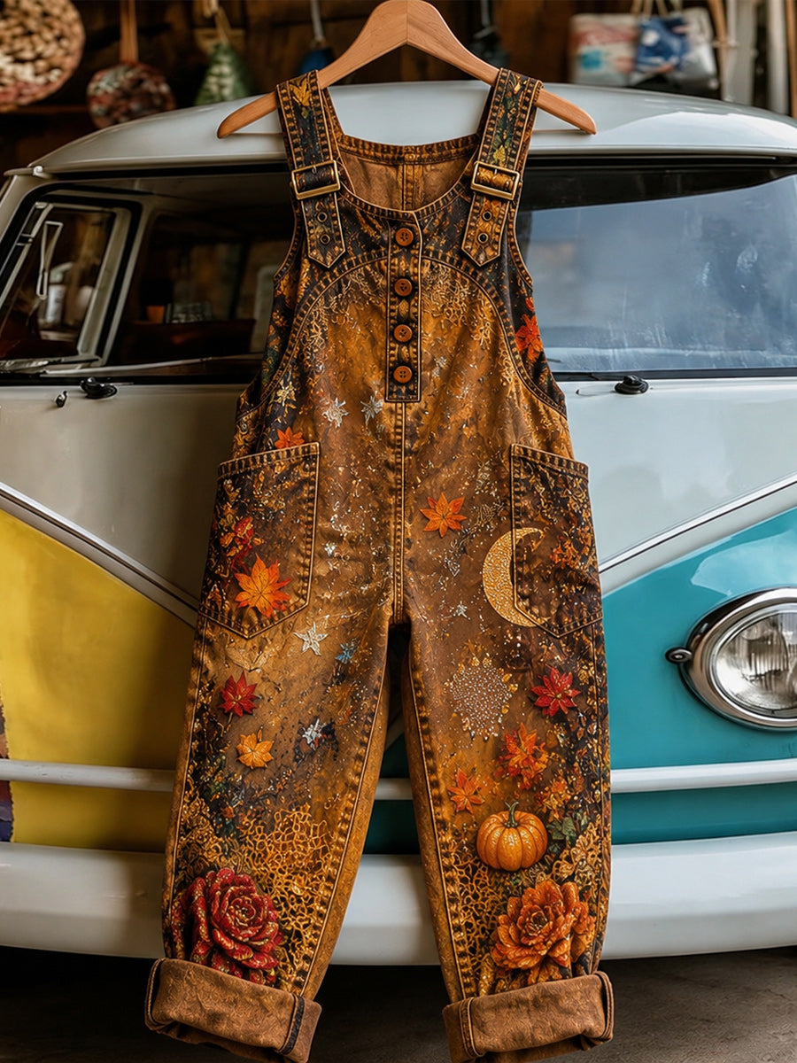 Women's Retro Style Art Print Washed Cotton Denim Patchwork Jumpsuit